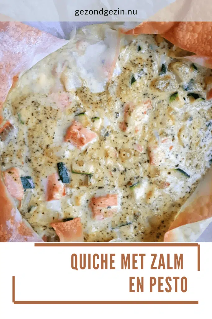 quiche van filodeeg met zalm, courgette en pesto