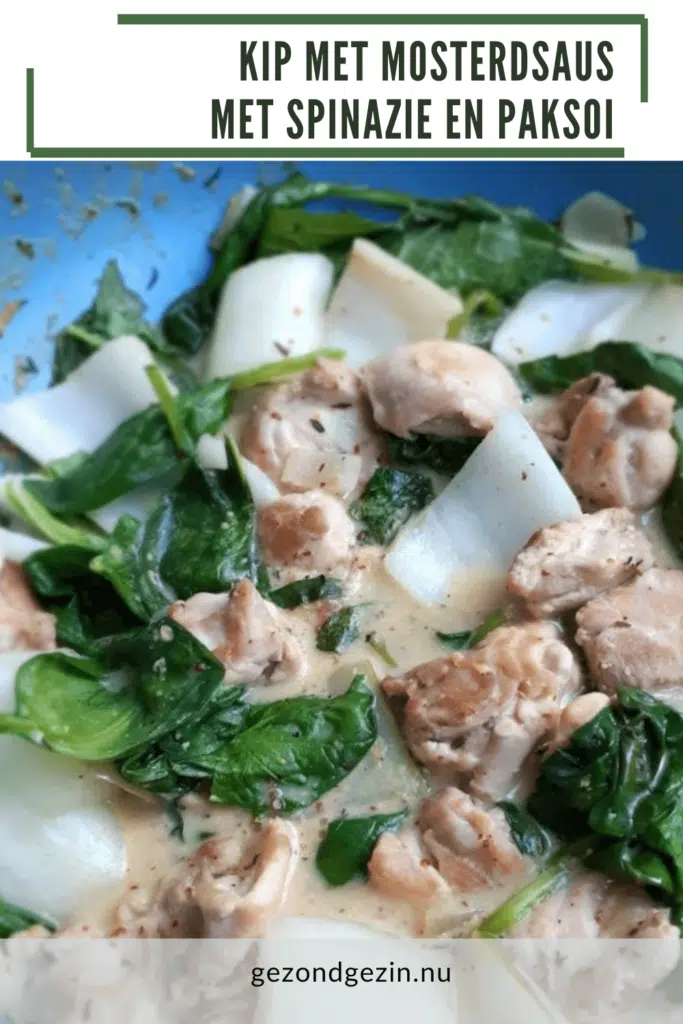Wokpan met kip in mosterdsaus met spinazie en paksoi