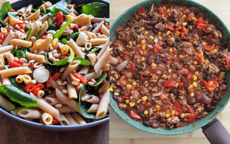 gerechten pastasalade en pan chili con carne