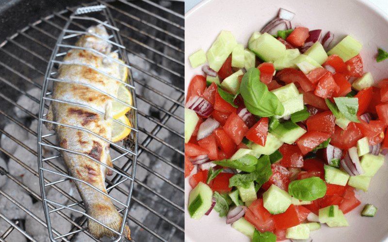 een tomaten met komkommersalade en een hele vis op de barbecue