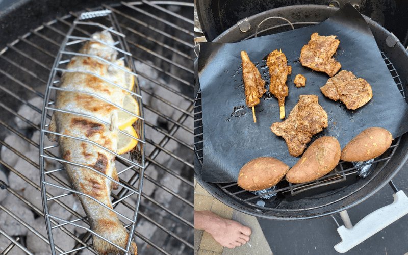 vis op de barbecue en een matje met vlees