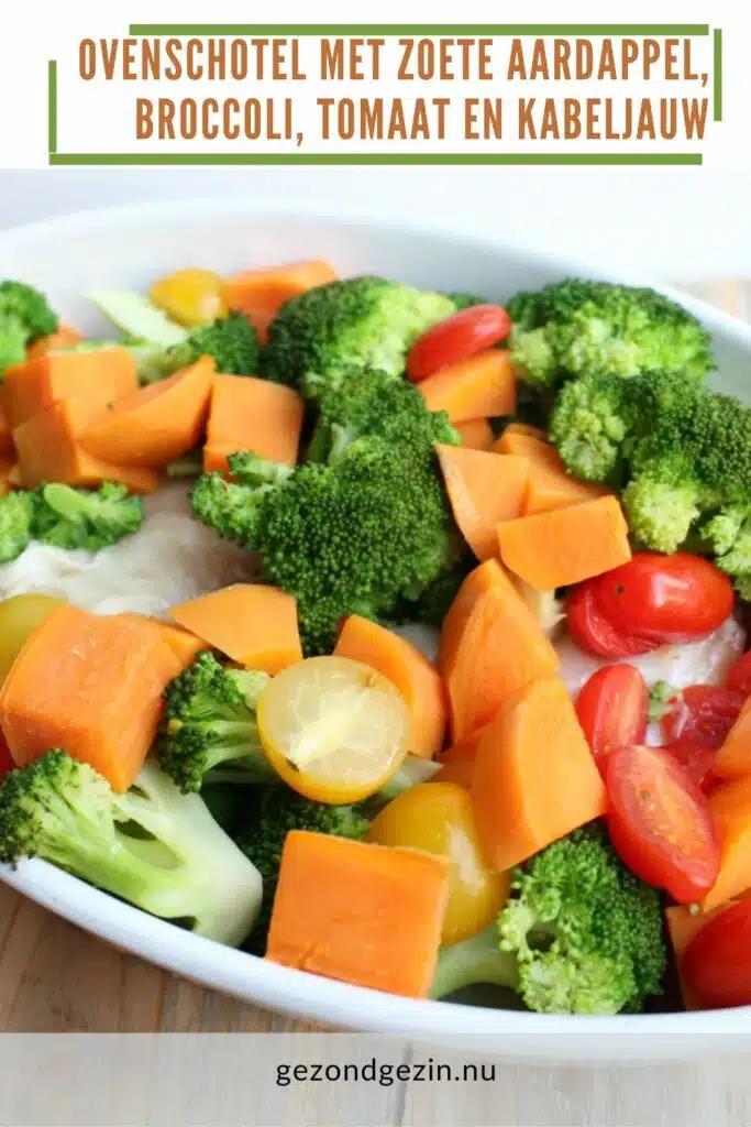 Ovenschotel met zoete aardappel, broccoli, tomaat en kabeljauw