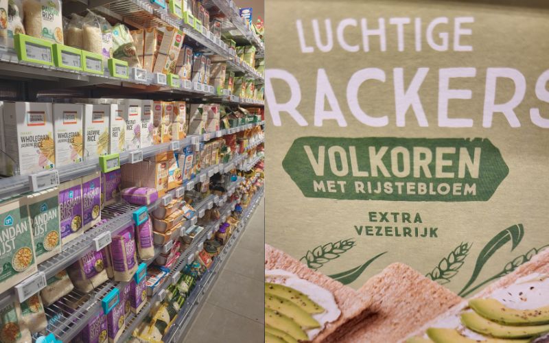 supermarktschap en pak cracker met extra vezelrijk